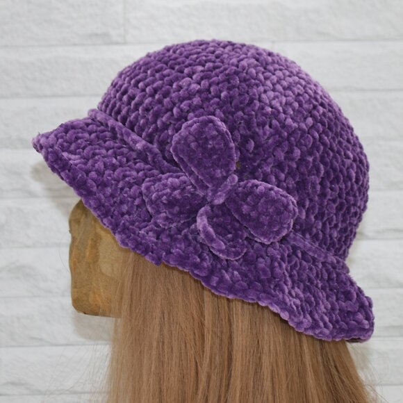 HAND CRAFTED Crochet Bucket Hat Grape Floppy Chenille Boho Wide Brim Bow Purple - Picture 1 of 10
